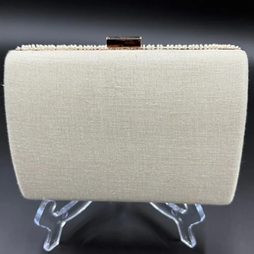 Beaded 'Mrs' Clutch in Ivory with Silver Script